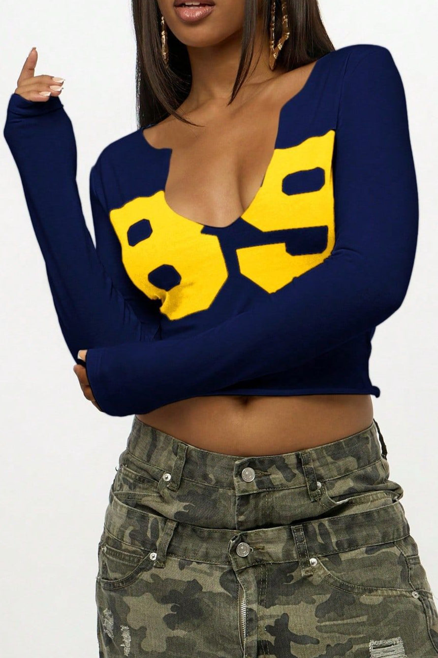 Number Print Long Sleeve Crop Tops