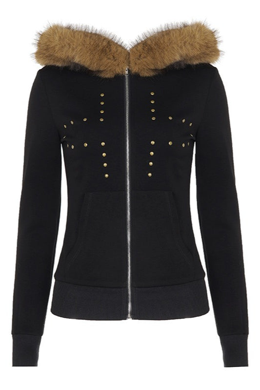 Studded Front Fluffy Trim Hoodies