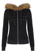 Studded Front Fluffy Trim Hoodies