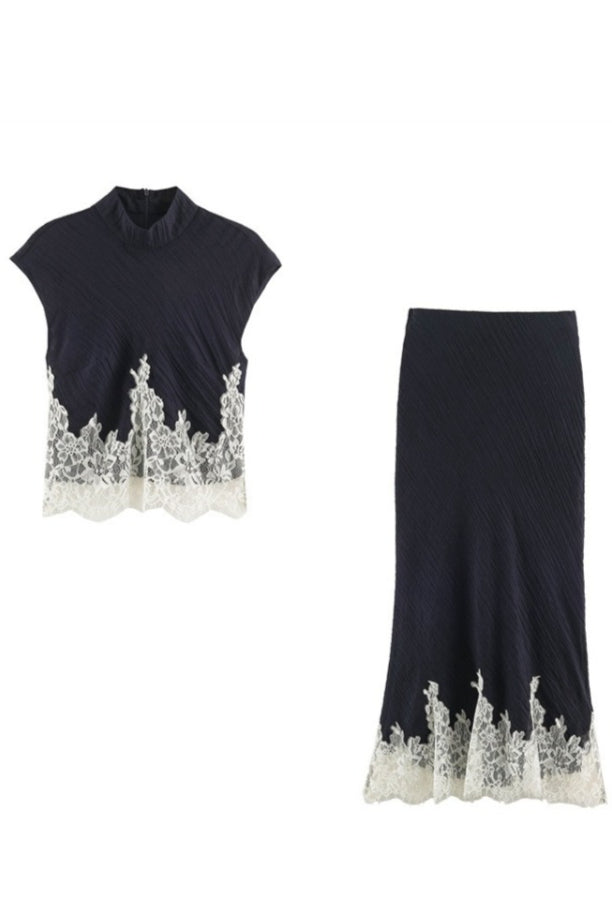 Floral Lace Hem Ribbed Skirt Sets