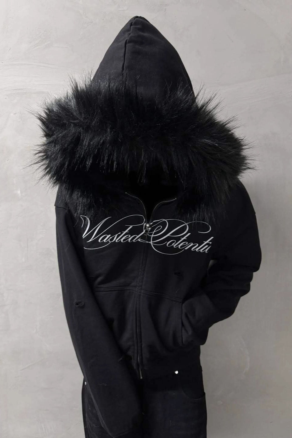 Script Graphic Contrast Fur Trim Hoodie Main image