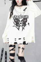 Gothic Y2K Subculture Rivet Print Ripped Loose Knit Sweater