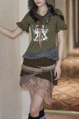 Y2K Khaki Green Hooded  T-shirt