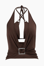 Street Hollow Out Deep V Neck Solid Color Halter Top