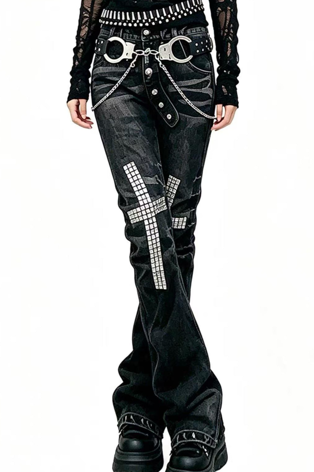 Double Waist Studded Denim Pants