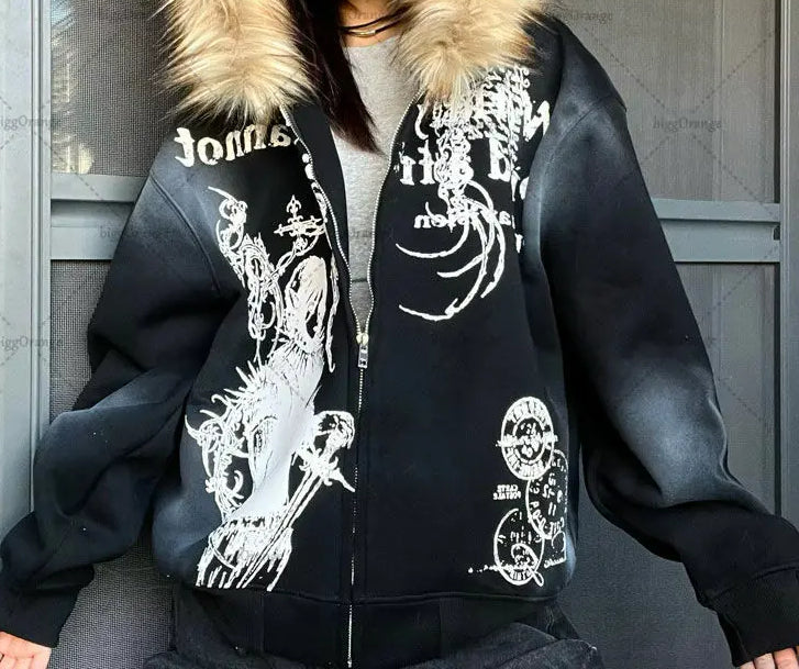 Gothic Punk Harajuku Fur Collar Hoodie Main image