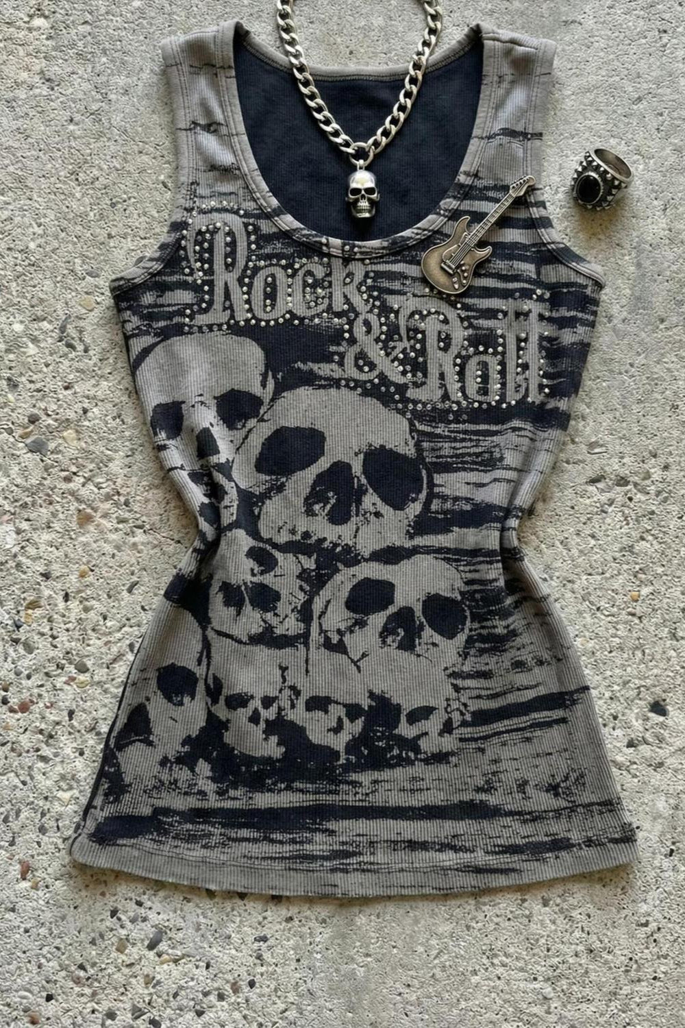 Grey Skull Letter Allover Printed Crew Neck Tank Top Main image