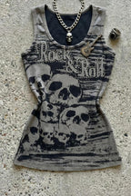 Grey Skull Letter Allover Printed Crew Neck Tank Top