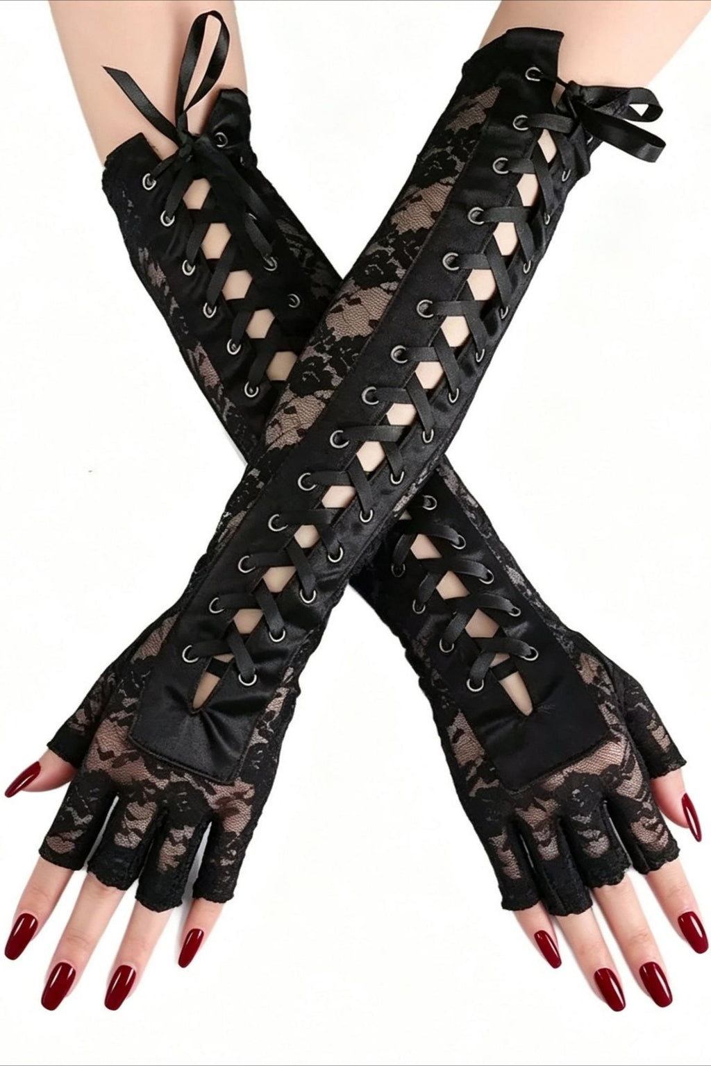 Lace Up Floral Fingerless Gloves