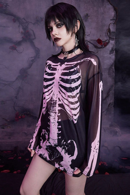 Skull Print Sheer Long Sleeve Mesh Top