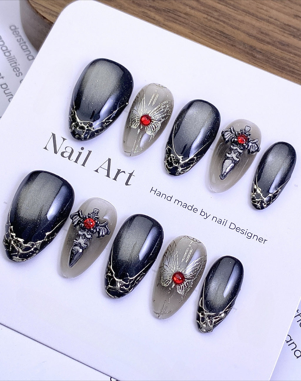 Dark Gothic Red Rhinestone Press On Nails