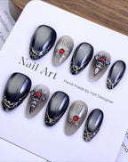 Dark Gothic Red Rhinestone Press On Nails