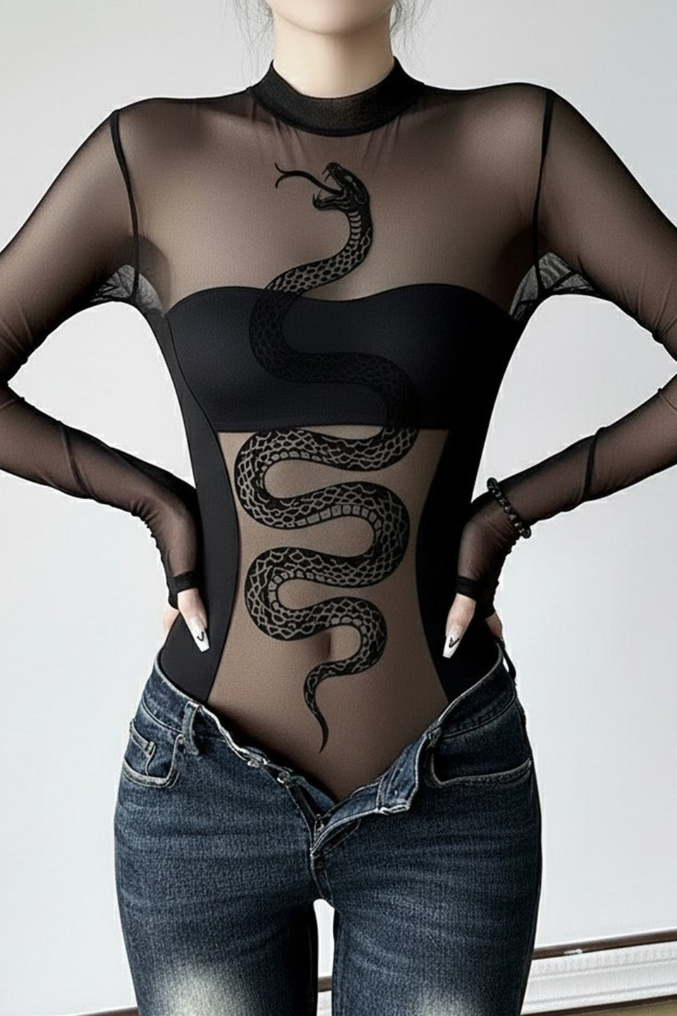 Sheer Dark Snake Print Bodysuit Mesh Top