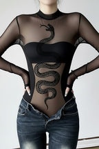 Sheer Dark Snake Print Bodysuit Mesh Top
