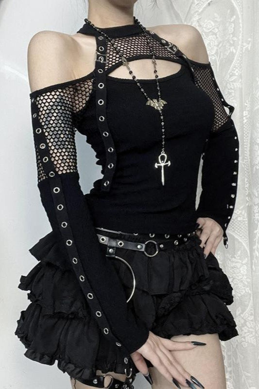 Fishnet Eyelet Cold Shoulder Crop Tops
