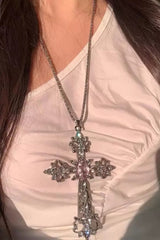 Vintage Dangle Cross Layered Gemstone Necklace