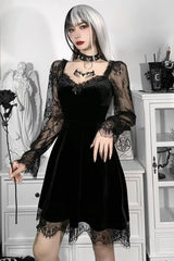 Lace Patchwork Long Sleeve Ruffled Mini Dress