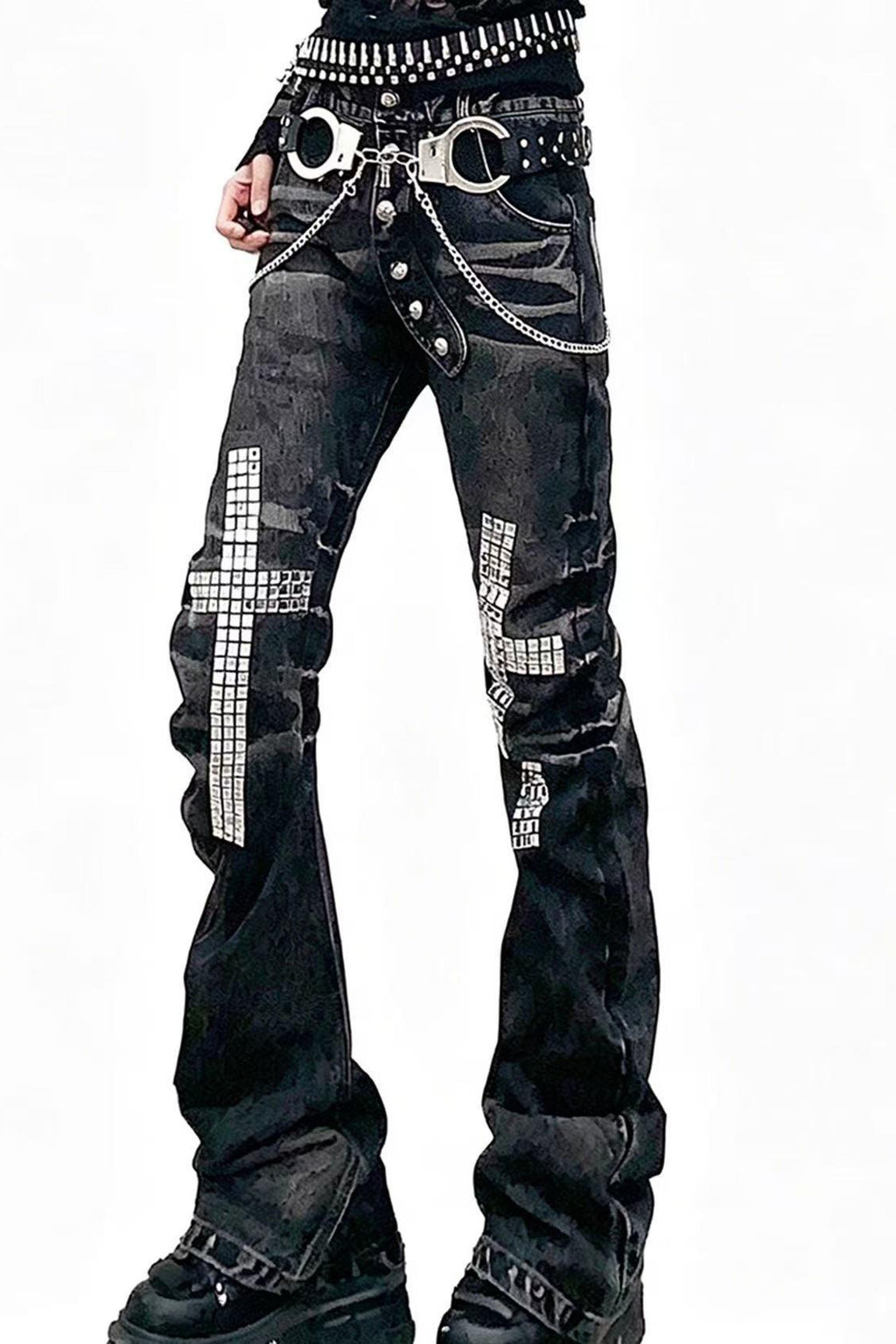 Double Waist Studded Denim Pants