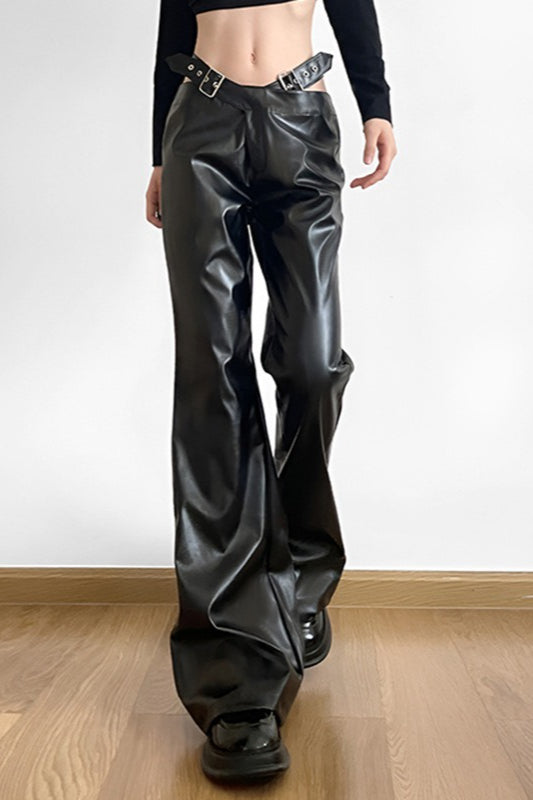 Cutout Buckle Faux Leather Wide Leg Pants Main image