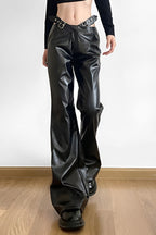 Cutout Buckle Faux Leather Wide Leg Pants