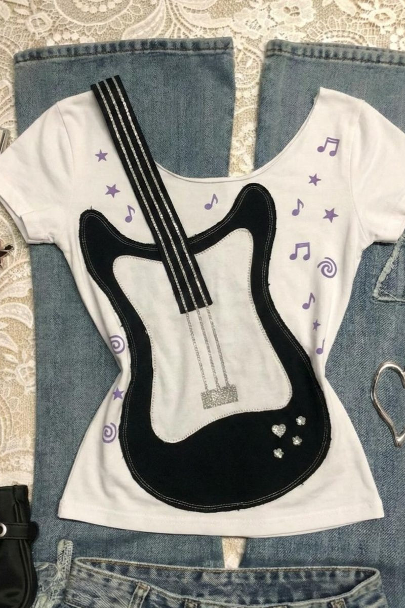Sweet Retro Rock Guitar Printed T-shirt