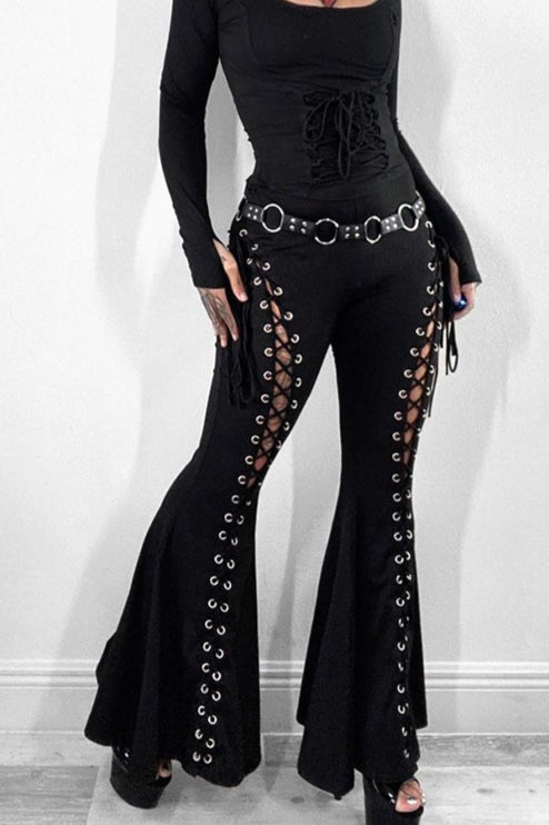 Lace Up Cutout Flared Pants