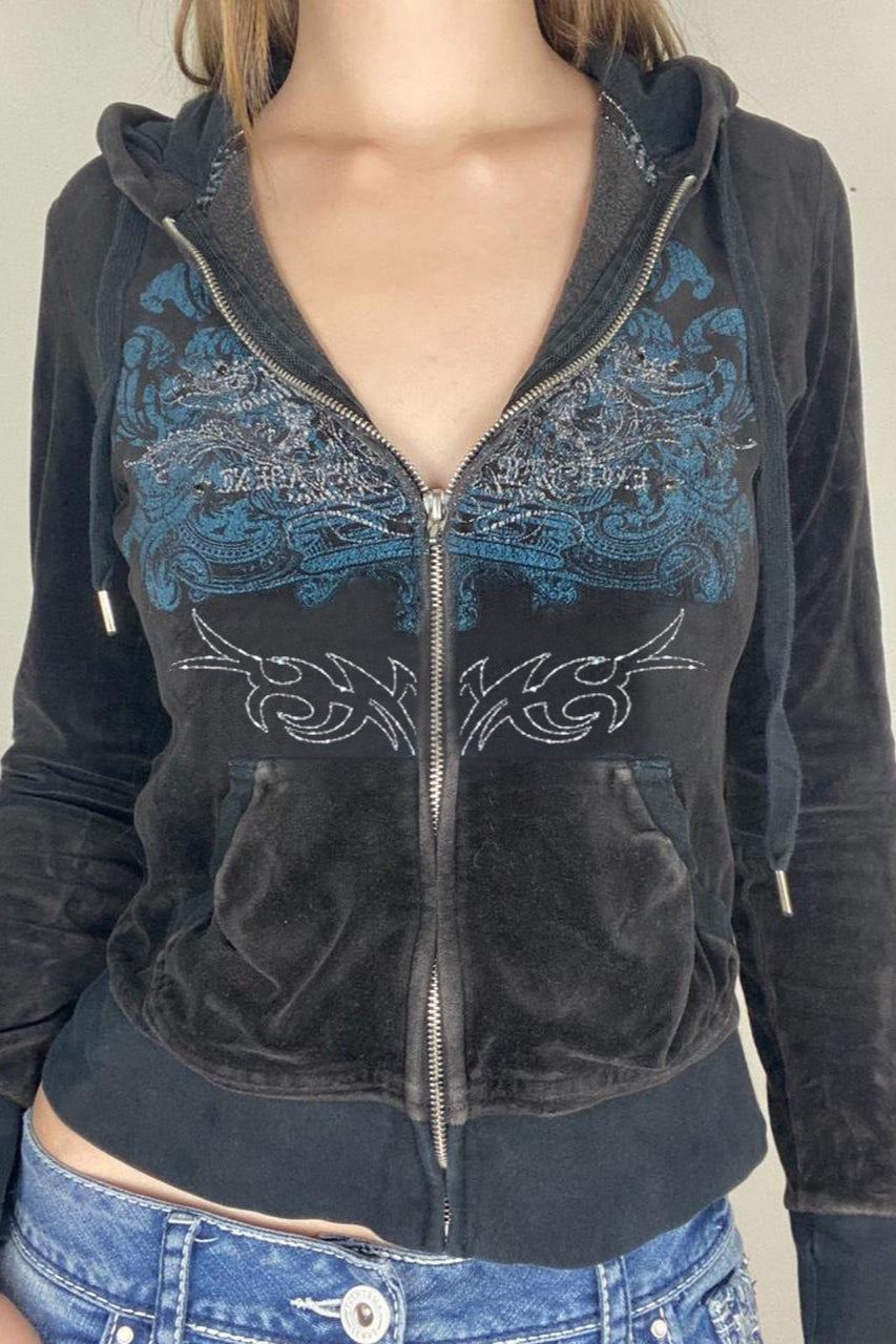 Rhinestone Print Zipper Hoodie Main image