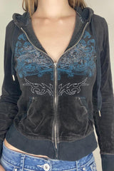 Rhinestone Print Zipper Hoodie