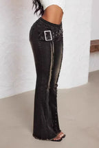 Grommet Belt Washed Flare Jeans