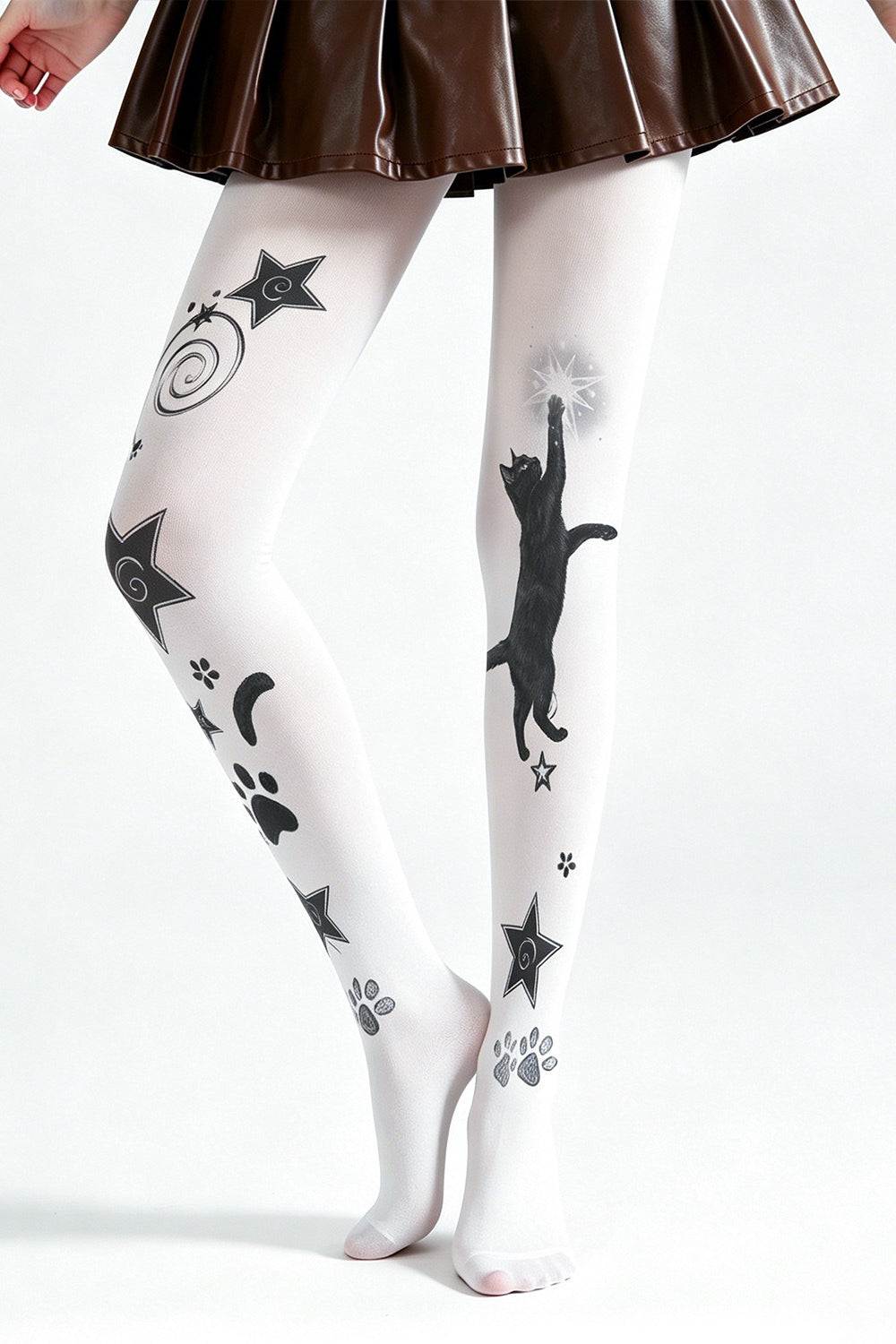 Cat Print White Plus Size Tights