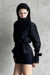 Unique Tie Waist Button Stand Collar Trench Coat