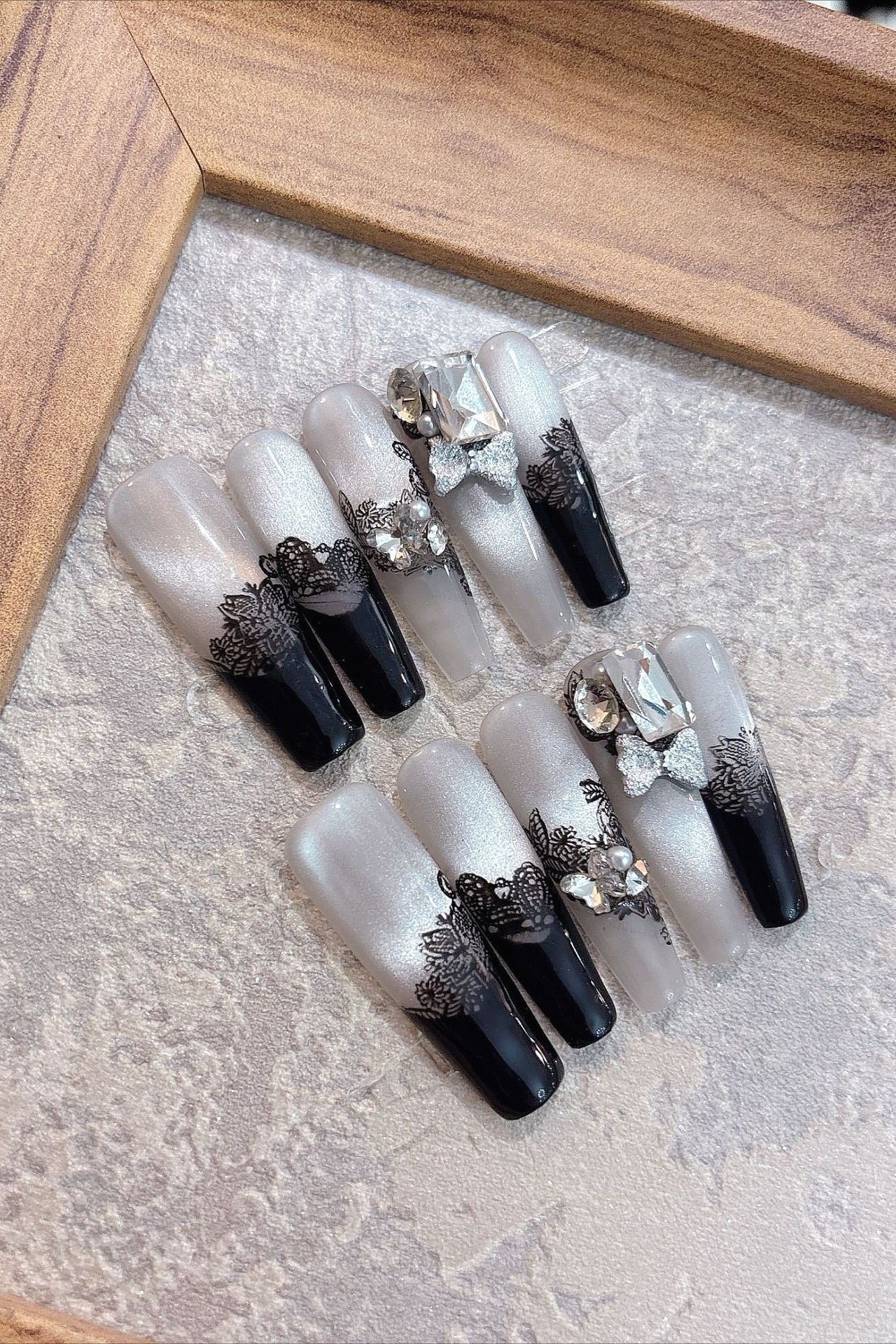 Black Vintage Lace Press On Nails Secondary image