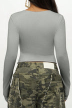 Number Print Long Sleeve Crop Tops