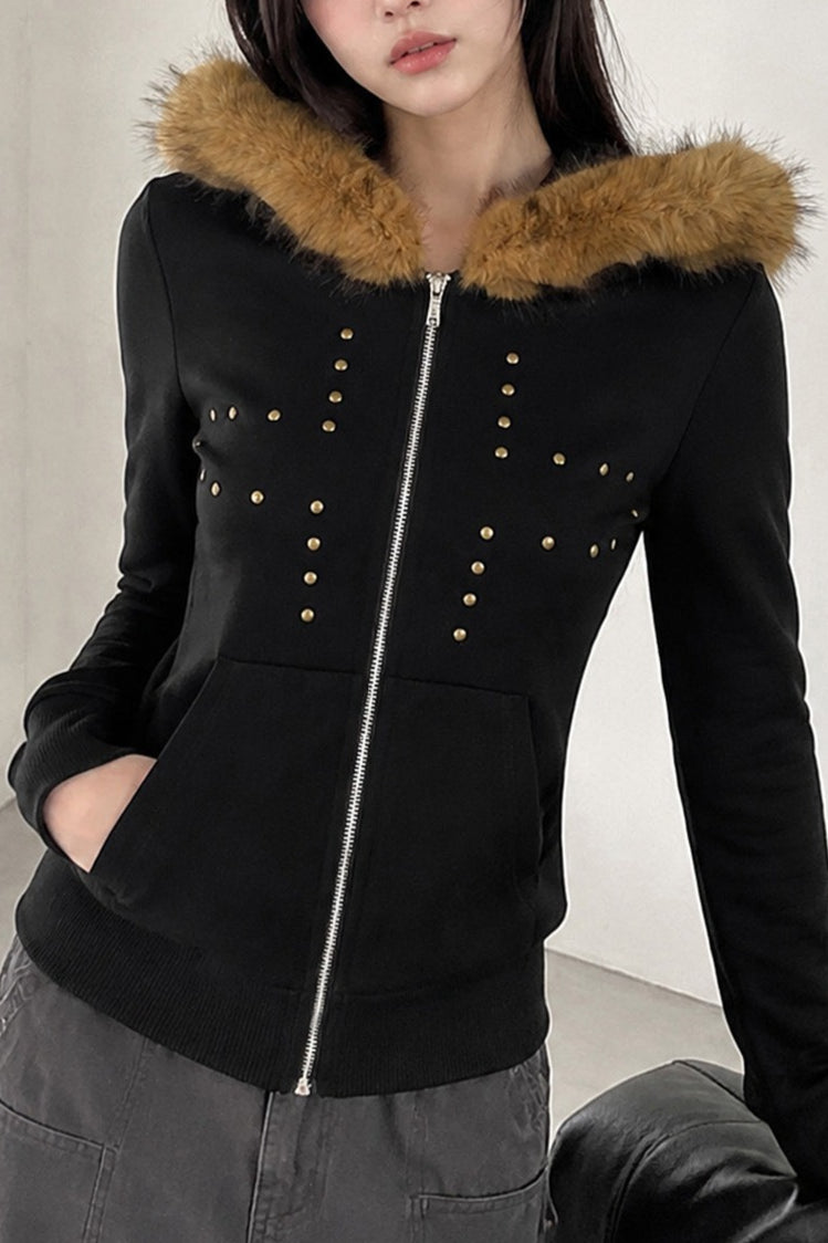 Studded Front Fluffy Trim Hoodies