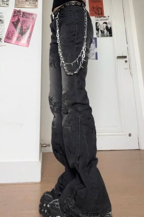 Y2K Alt-Culture Washed Print Bootcut Slim Denim Pants