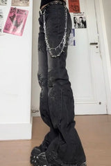 Y2K Alt-Culture Washed Print Bootcut Slim Denim Pants