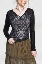 V-Neck Mesh Raglan Floral Knit Top
