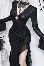 Gothic Ruffle Slit Snakeskin Maxi Dress