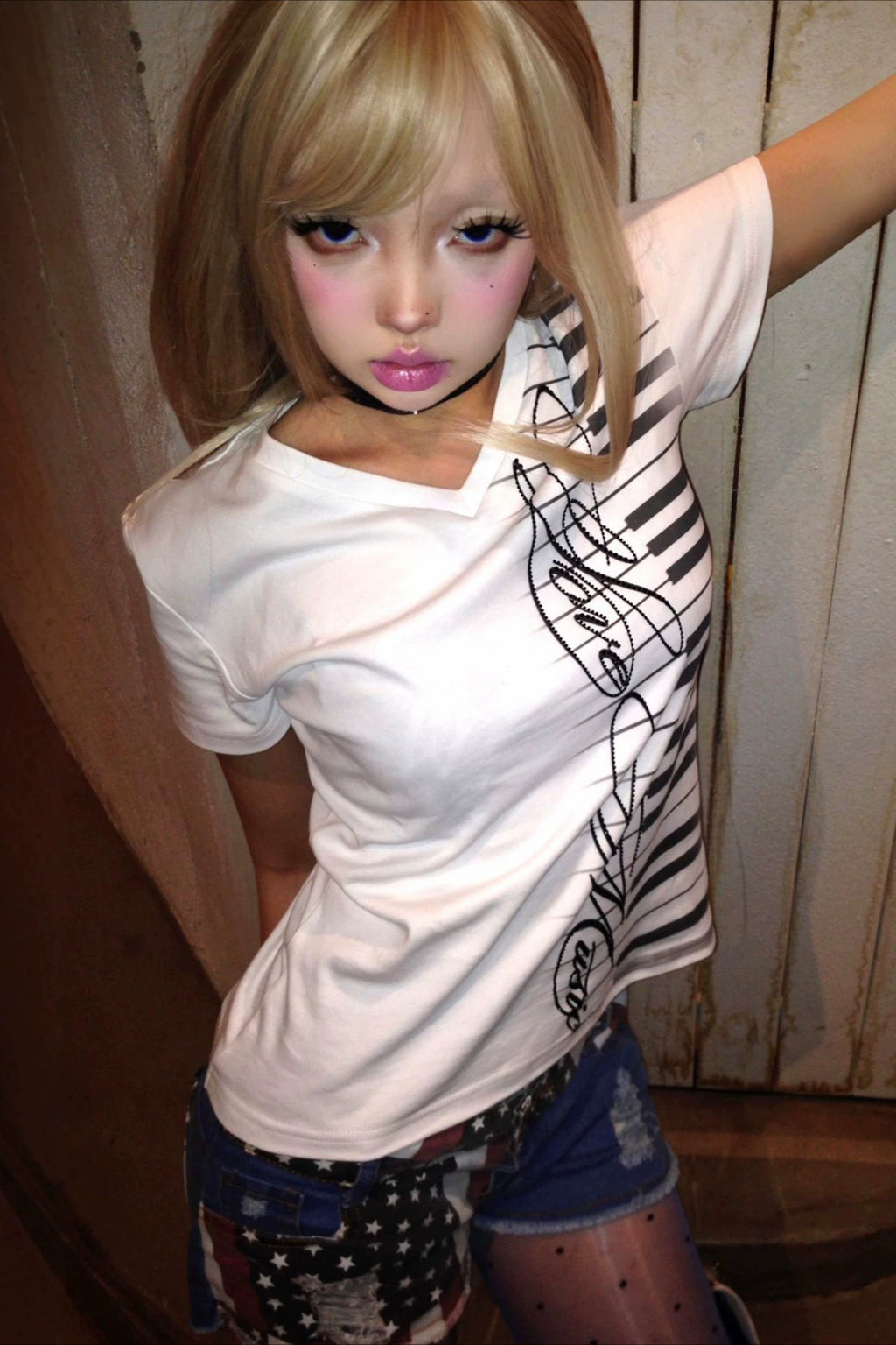 Keyboard Printed V Neck Shoulder Fit Cropped T-shirt