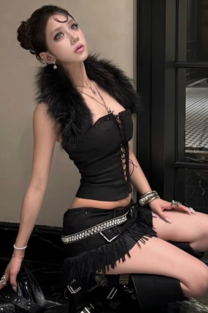 Furry Patchwork Halter Backless Corset