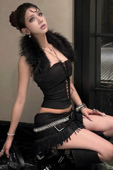 Furry Patchwork Halter Backless Corset