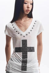 Loose V-Neck Cross Foil T-Shirt