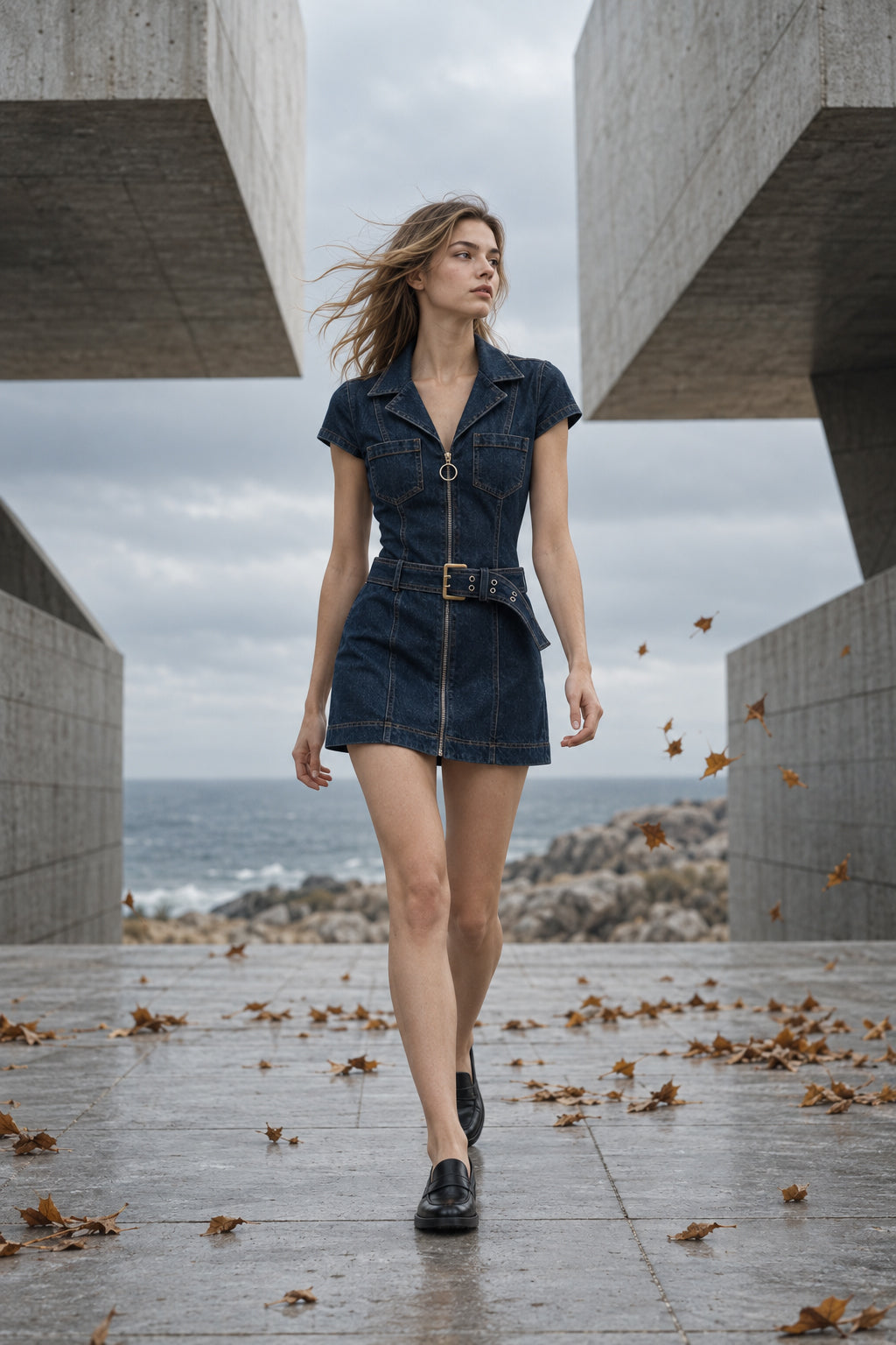 Belted Denim Zip Front Mini Dress