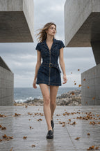Belted Denim Zip Front Mini Dress
