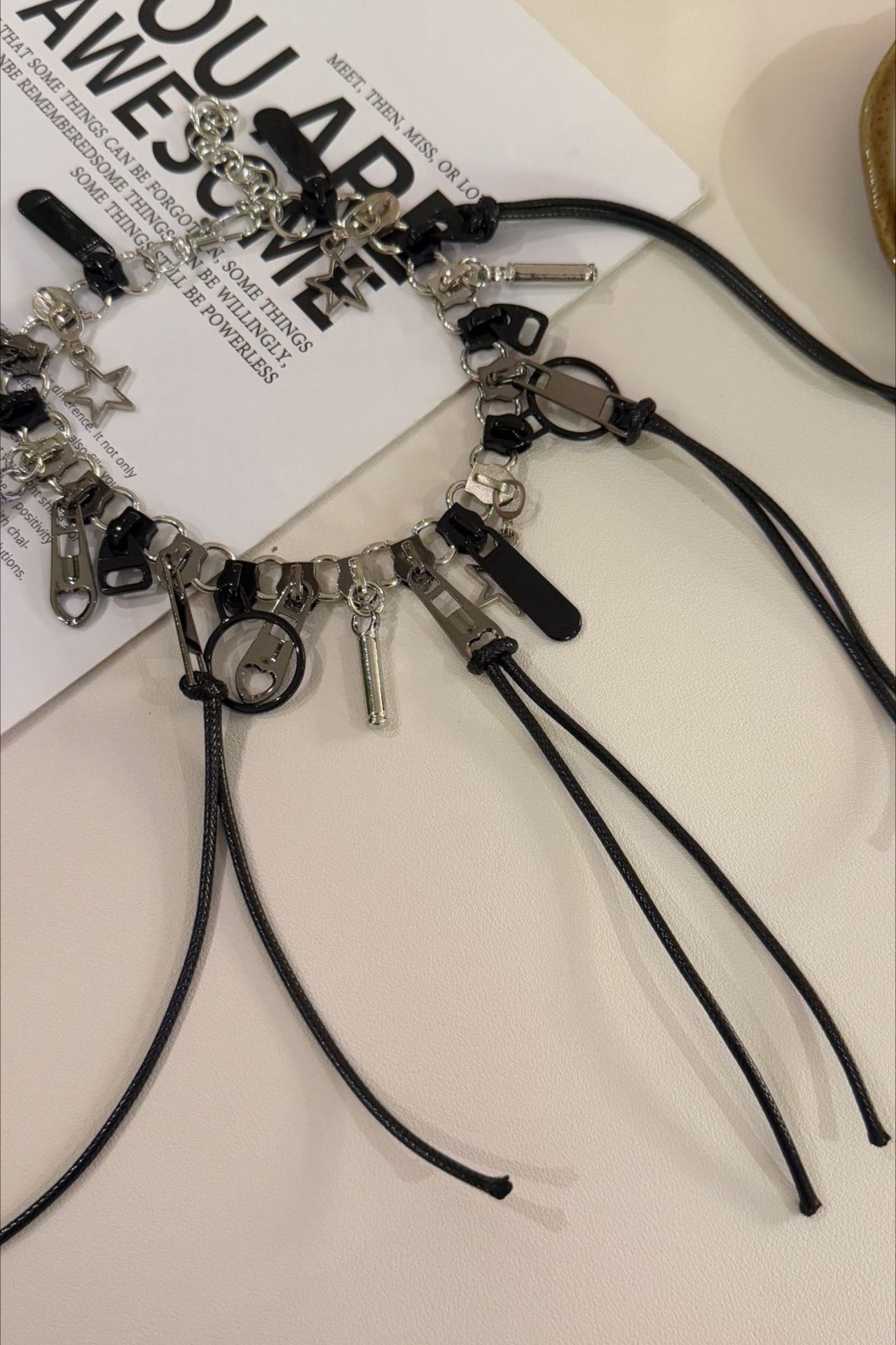 Black Zipper Leather Cord Necklace