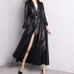Skirted Maxi Length Leather Long Coat