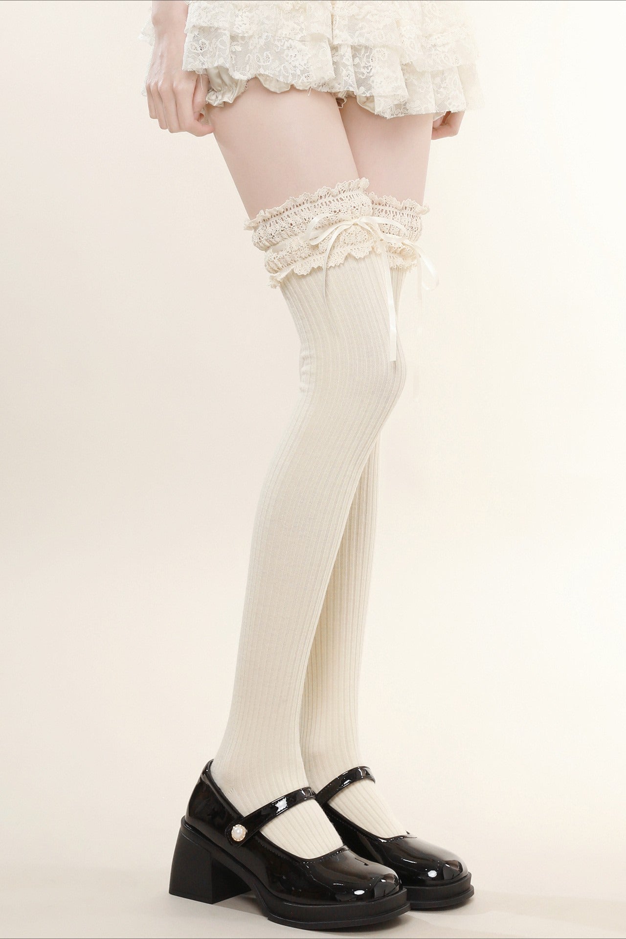 White Lace Ruffle Ribbon Over Knee Socks Main image