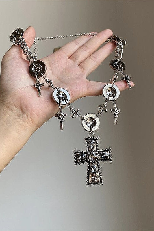 Dark Contract Punk Cross Button Necklace