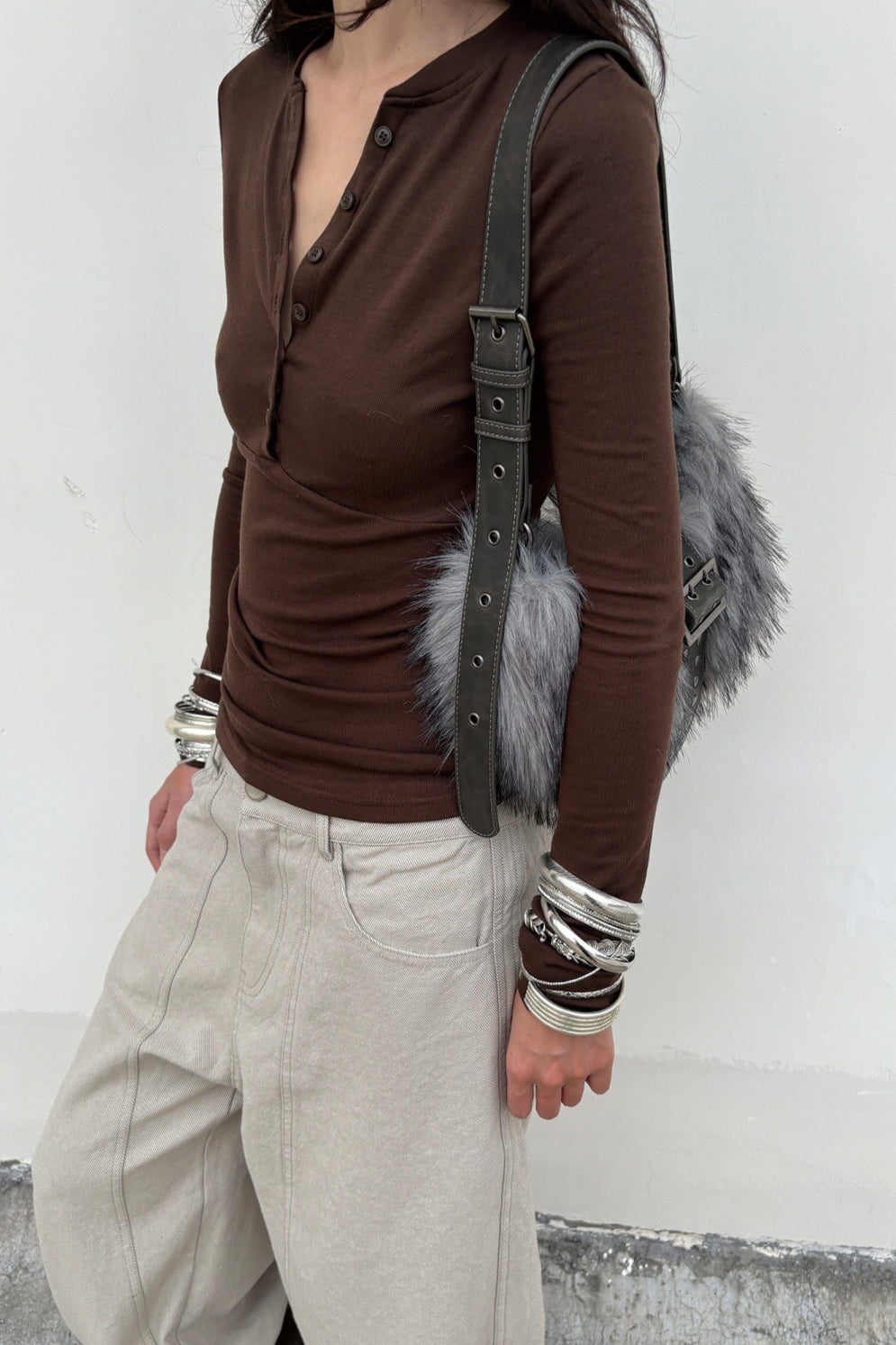 Fluffy Studded Buckle Shoulder Bags