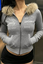 Fluffy Trim Letter Graphic Hoodies